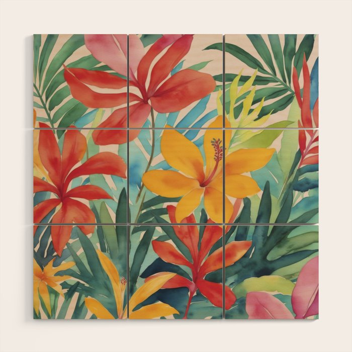 Modern Tropical Escape Vibrant Watercolor Flowers Wood Wall Art Gallery Image 1