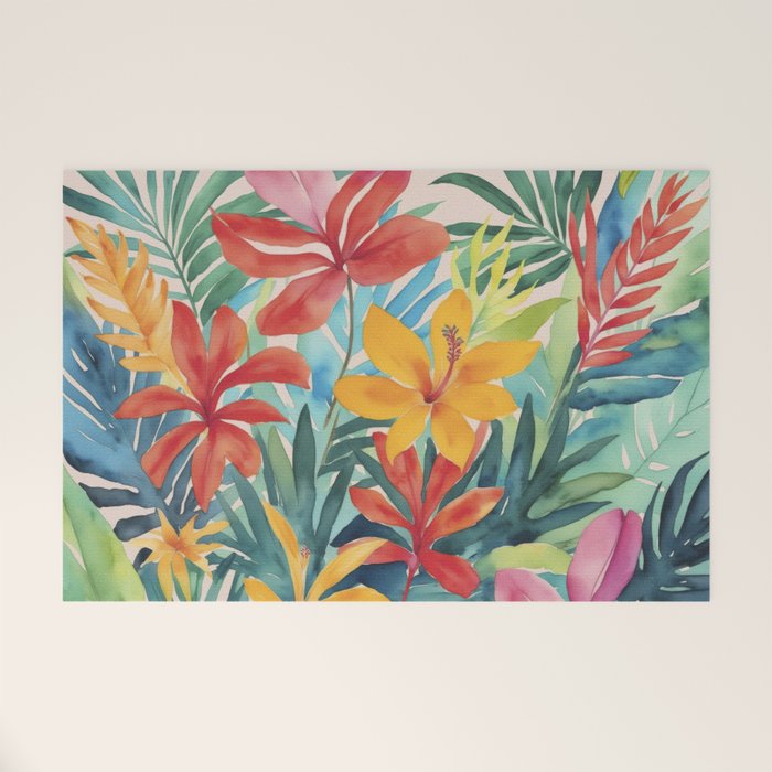 Modern Tropical Escape Vibrant Watercolor Flowers Welcome Mat Gallery Image 1