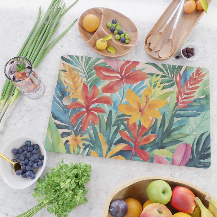 Modern Tropical Escape Vibrant Watercolor Flowers Cutting Board Gallery Image 2