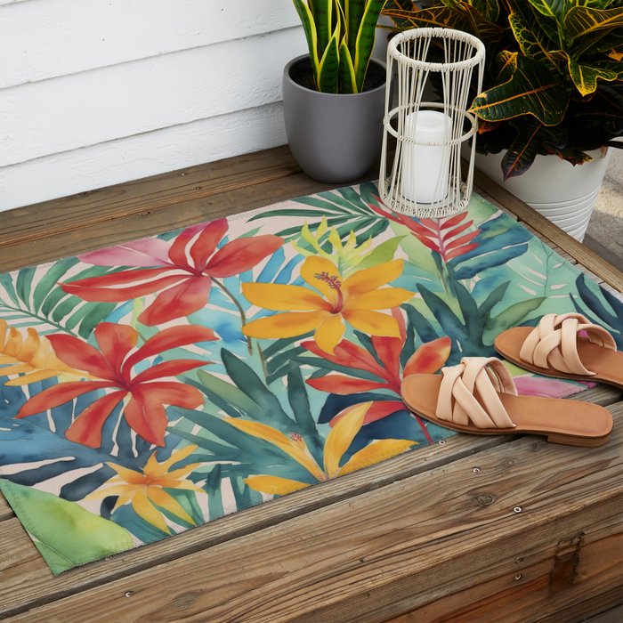 Modern Tropical Escape Vibrant Watercolor Flowers Outdoor Rug Gallery Image 2