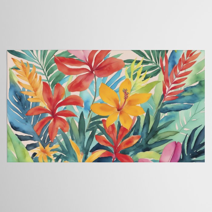 Modern Tropical Escape Vibrant Watercolor Flowers Tablecloth Gallery Image 2