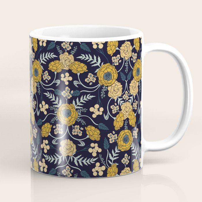 Navy Blue, Turquoise, Cream & Mustard Yellow Dark Floral Pattern Coffee Mug Gallery Image 1