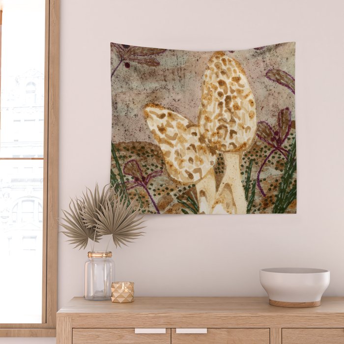 Little Morel Mushrooms in Warm Brown Wall Tapestry Gallery Image 2