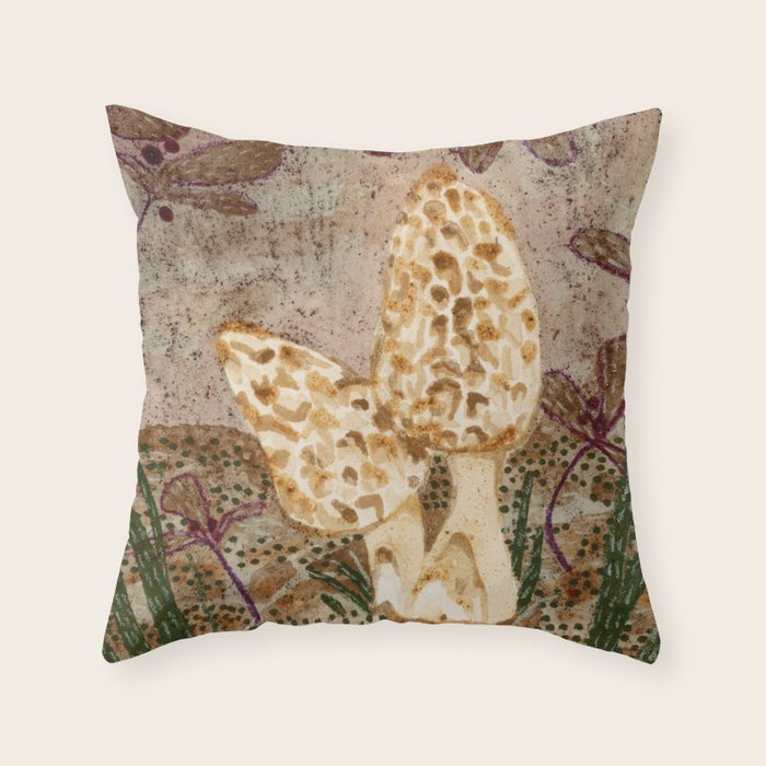 Little Morel Mushrooms in Warm Brown Throw Pillow Gallery Image 6