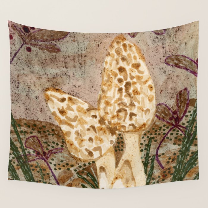 Little Morel Mushrooms in Warm Brown Wall Tapestry Gallery Image 4