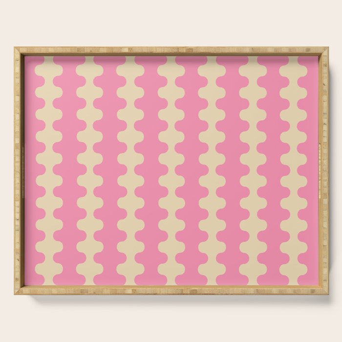 Wavy Stripes Ogee A-Go-Go Retro Contemporary Pattern in Pink Cream Serving Tray Gallery Image 1