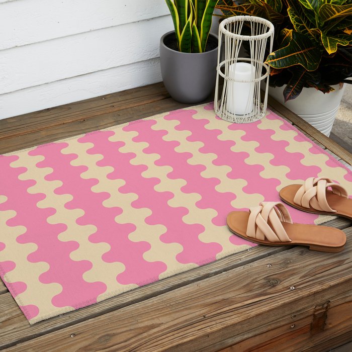 Wavy Stripes Ogee A-Go-Go Retro Contemporary Pattern in Pink Cream Outdoor Rug Gallery Image 2