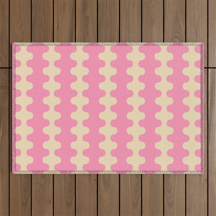 Wavy Stripes Ogee A-Go-Go Retro Contemporary Pattern in Pink Cream Outdoor Rug Gallery Image 1