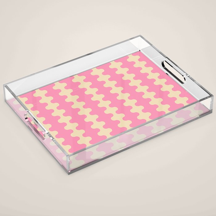 Wavy Stripes Ogee A-Go-Go Retro Contemporary Pattern in Pink Cream Acrylic Tray Gallery Image 1