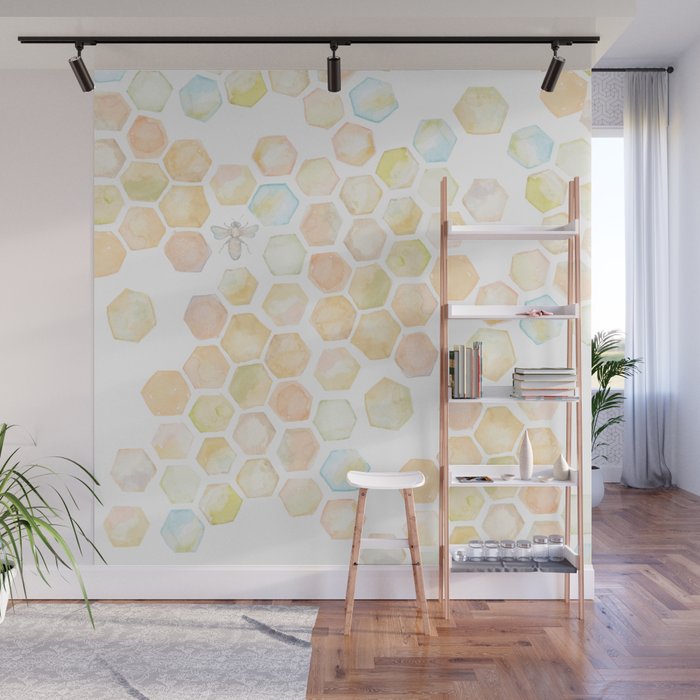 Bee and honeycomb watercolor Wall Mural Gallery Image 1