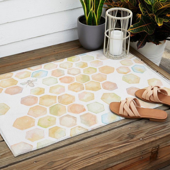 Bee and honeycomb watercolor Outdoor Rug Gallery Image 2