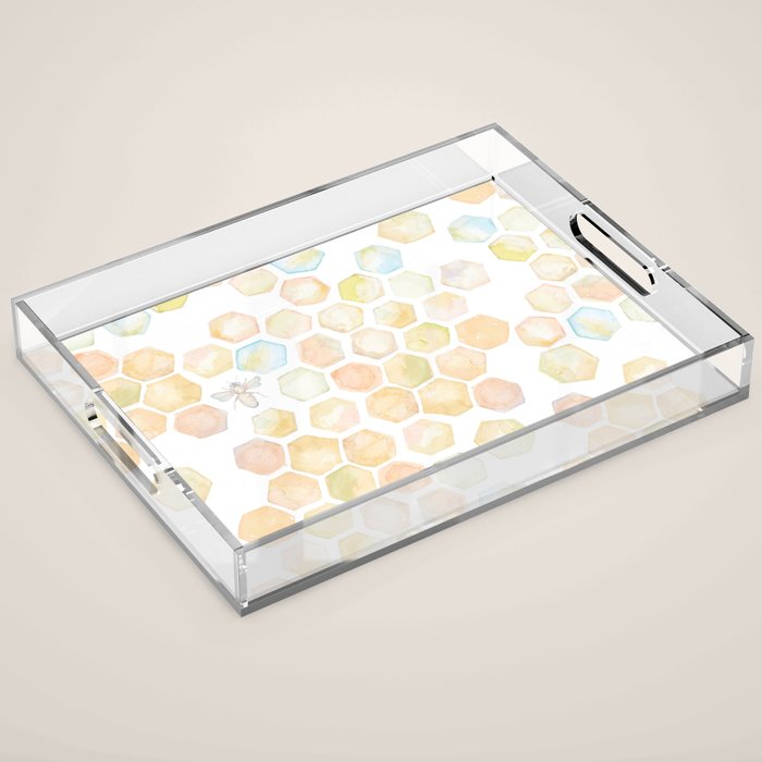 Bee and honeycomb watercolor Acrylic Tray Gallery Image 1