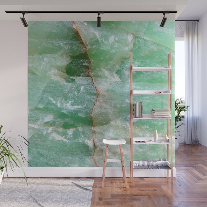 Crystalized Pale Green Quartz Slab with Copper Vein Wall Mural Gallery Image 1