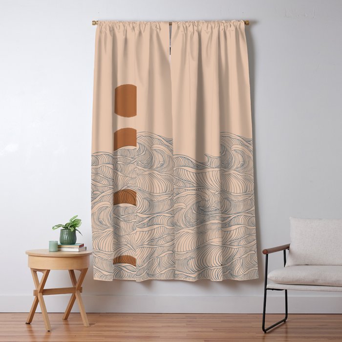 Vintage abstract landscape the great wave ocean sunset moon Window Curtain Gallery Image 1