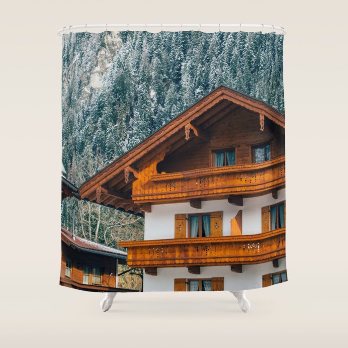 Alpine Architecture - Austria in Winter - Skiing Chalet Photgraphy Shower Curtain Gallery Image 1