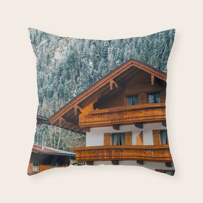Alpine Architecture - Austria in Winter - Skiing Chalet Photgraphy Throw Pillow Gallery Image 1