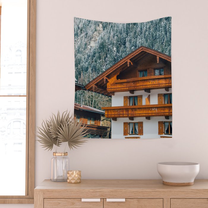 Alpine Architecture - Austria in Winter - Skiing Chalet Photgraphy Wall Tapestry Gallery Image 2