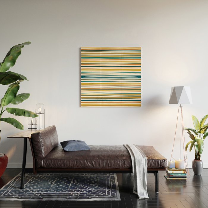 Natural Stripes Pattern in Moroccan Teal Blue Olive Green Mustard Orange Ochre White Wood Wall Art Gallery Image 2