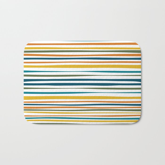 Natural Stripes Pattern in Moroccan Teal Blue Olive Green Mustard Orange Ochre White Bath Mat Gallery Image 1