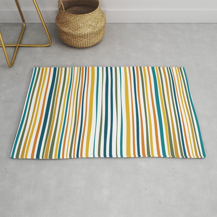 Natural Stripes Pattern in Moroccan Teal Blue Olive Green Mustard Orange Ochre White Rug Gallery Image 1
