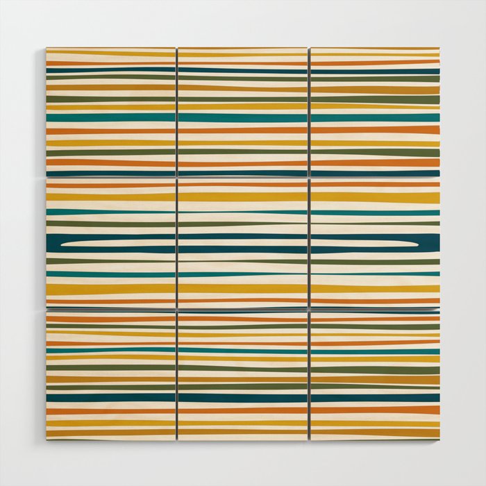 Natural Stripes Pattern in Moroccan Teal Blue Olive Green Mustard Orange Ochre White Wood Wall Art Gallery Image 1