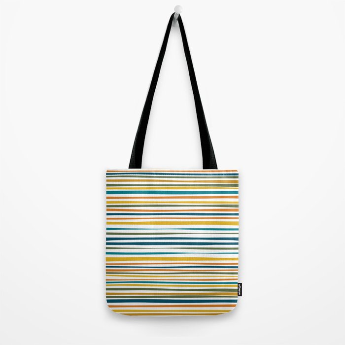 Natural Stripes Pattern in Moroccan Teal Blue Olive Green Mustard Orange Ochre White Tote Bag Gallery Image 2