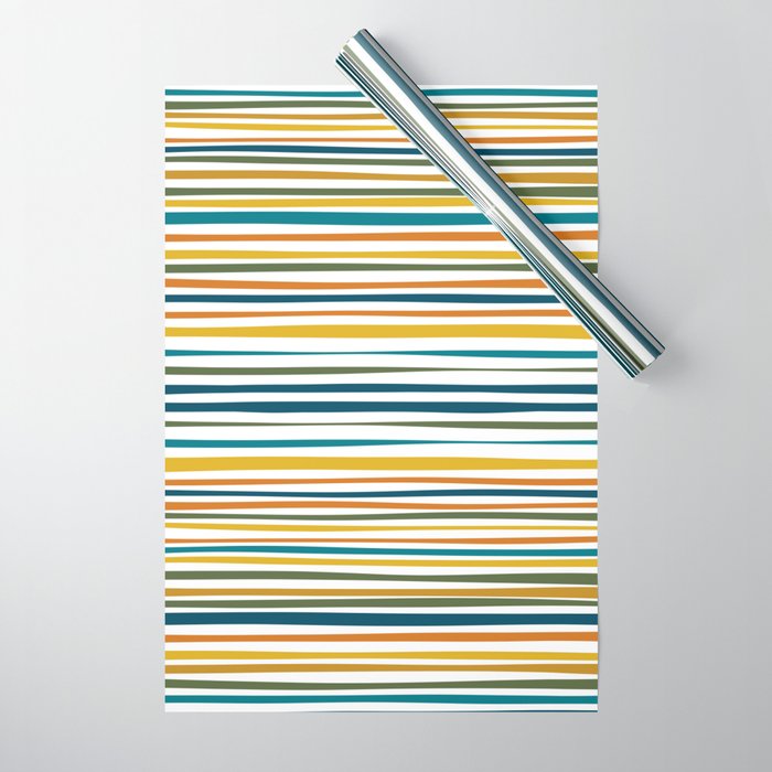 Natural Stripes Pattern in Moroccan Teal Blue Olive Green Mustard Orange Ochre White Wrapping Paper Gallery Image 1
