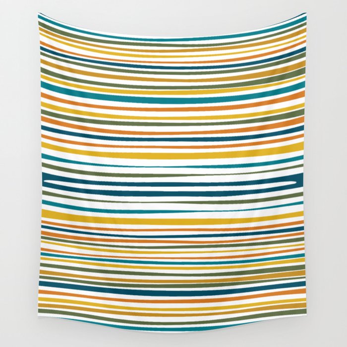 Natural Stripes Pattern in Moroccan Teal Blue Olive Green Mustard Orange Ochre White Wall Tapestry Gallery Image 1