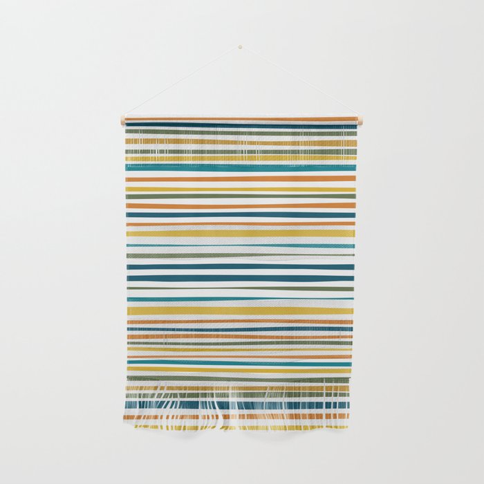 Natural Stripes Pattern in Moroccan Teal Blue Olive Green Mustard Orange Ochre White Wall Hanging Gallery Image 1