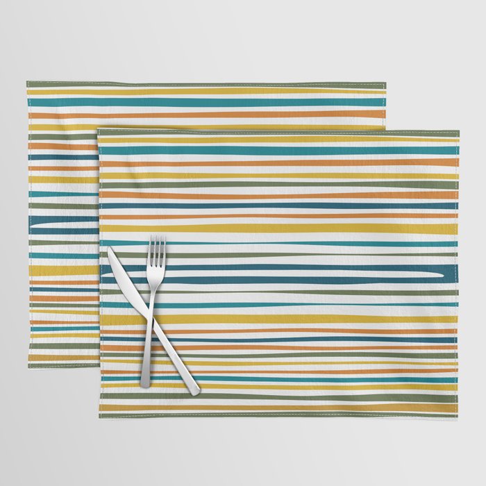 Natural Stripes Pattern in Moroccan Teal Blue Olive Green Mustard Orange Ochre White Placemat Gallery Image 1