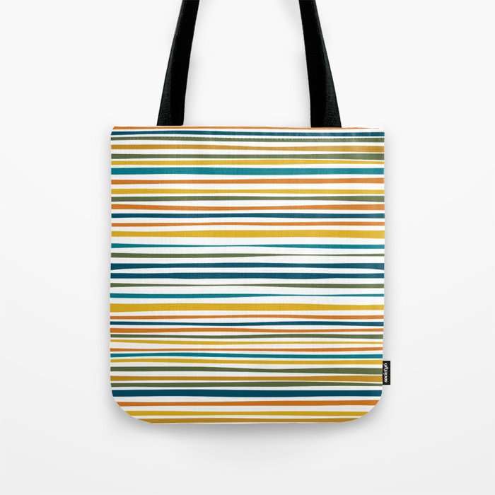 Natural Stripes Pattern in Moroccan Teal Blue Olive Green Mustard Orange Ochre White Tote Bag Gallery Image 1