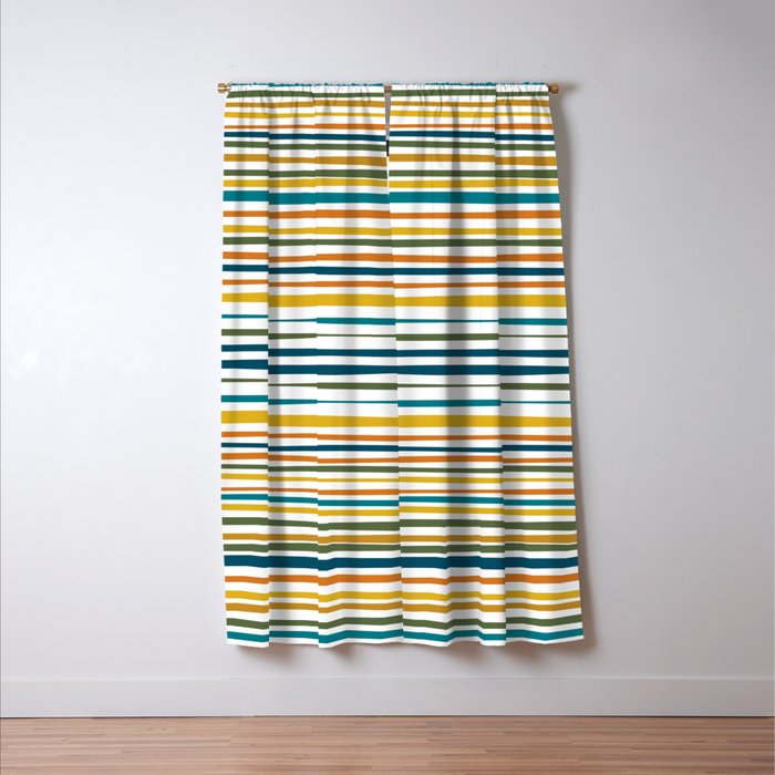 Natural Stripes Pattern in Moroccan Teal Blue Olive Green Mustard Orange Ochre White Window Curtain Gallery Image 3