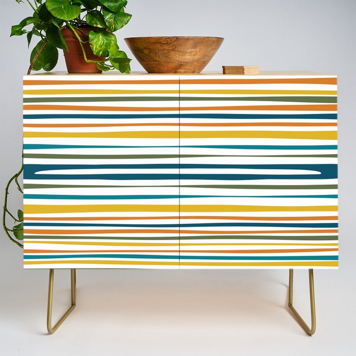 Natural Stripes Pattern in Moroccan Teal Blue Olive Green Mustard Orange Ochre White Credenza Gallery Image 1