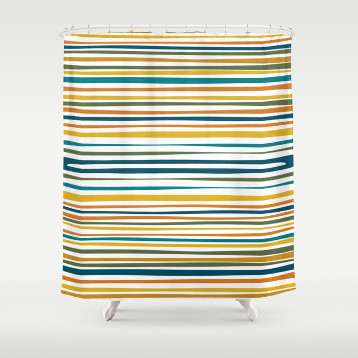 Natural Stripes Pattern in Moroccan Teal Blue Olive Green Mustard Orange Ochre White Shower Curtain Gallery Image 1