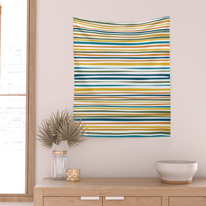 Natural Stripes Pattern in Moroccan Teal Blue Olive Green Mustard Orange Ochre White Wall Tapestry Gallery Image 2