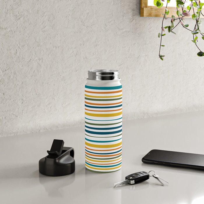 Natural Stripes Pattern in Moroccan Teal Blue Olive Green Mustard Orange Ochre White Water Bottle Gallery Image 4