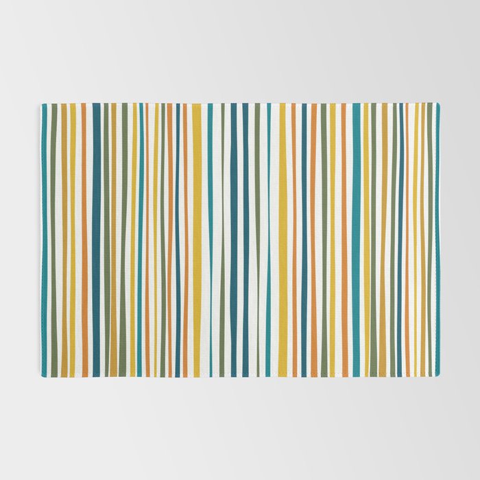 Natural Stripes Pattern in Moroccan Teal Blue Olive Green Mustard Orange Ochre White Rug Gallery Image 2