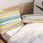 Natural Stripes Pattern in Moroccan Teal Blue Olive Green Mustard Orange Ochre White Pillow Sham Gallery Image 2