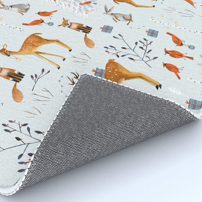 Cute woodland animals winter snow tree Rug Gallery Image 4