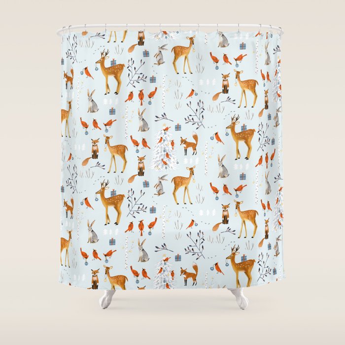 Cute woodland animals winter snow tree Shower Curtain Gallery Image 1