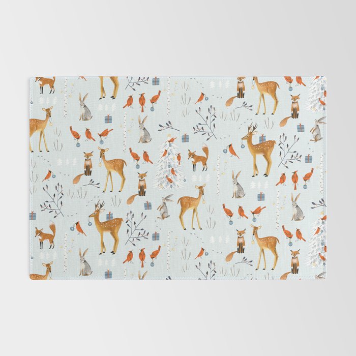 Cute woodland animals winter snow tree Rug Gallery Image 2