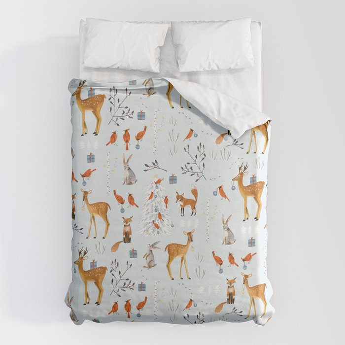 Cute woodland animals winter snow tree Duvet Cover Gallery Image 6