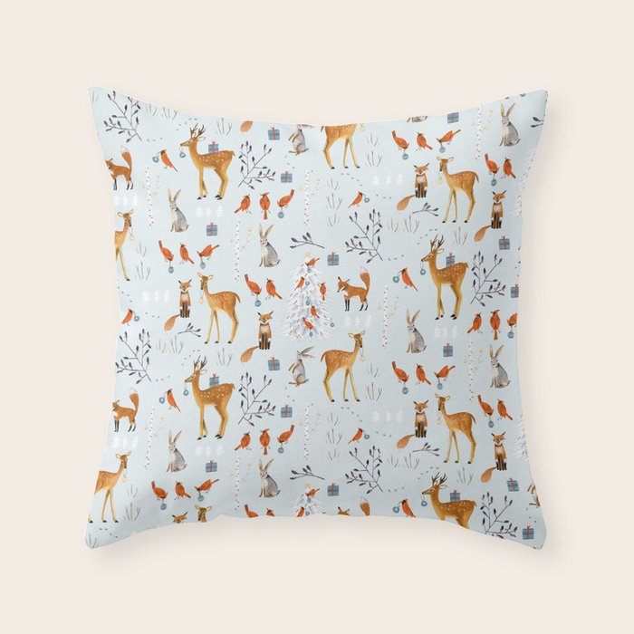 Cute woodland animals winter snow tree Throw Pillow Gallery Image 6