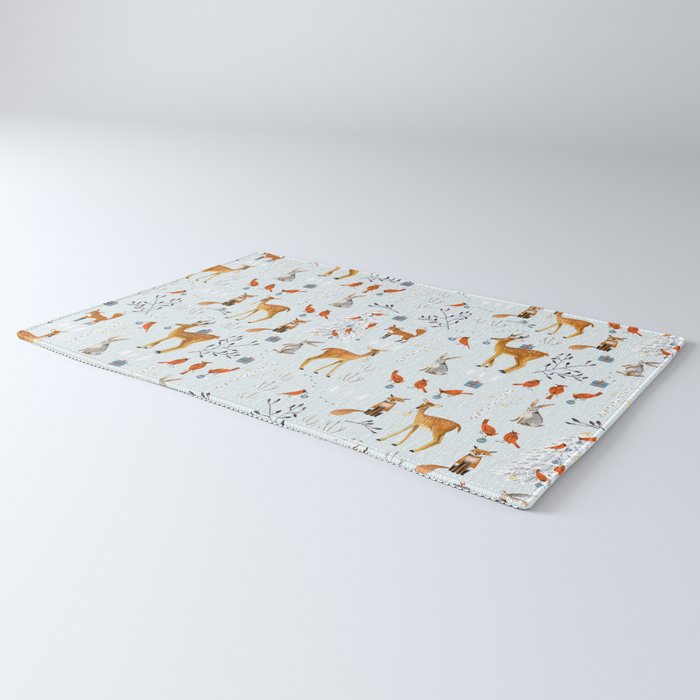 Cute woodland animals winter snow tree Rug Gallery Image 3