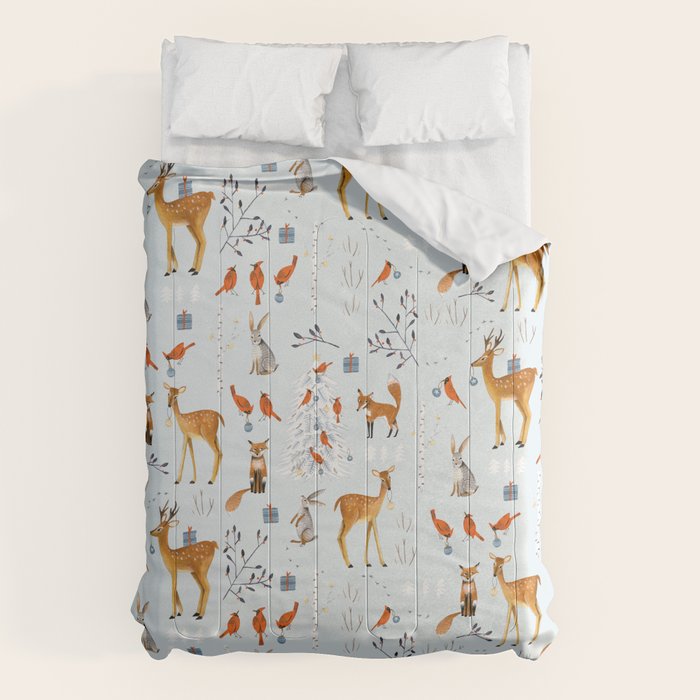 Cute woodland animals winter snow tree Comforter Gallery Image 1