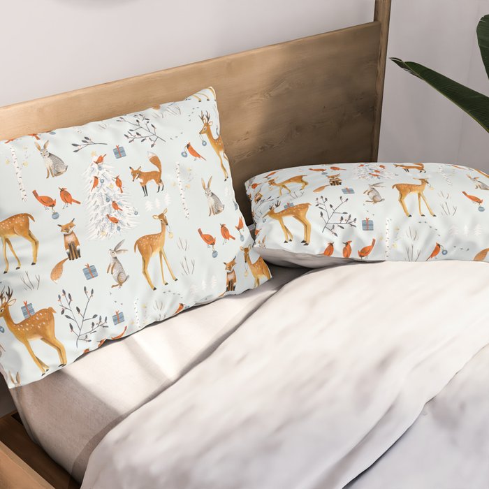 Cute woodland animals winter snow tree Pillow Sham Gallery Image 2