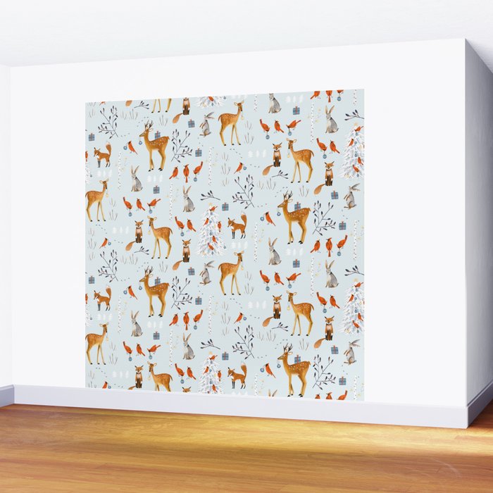 Cute woodland animals winter snow tree Wall Mural Gallery Image 2
