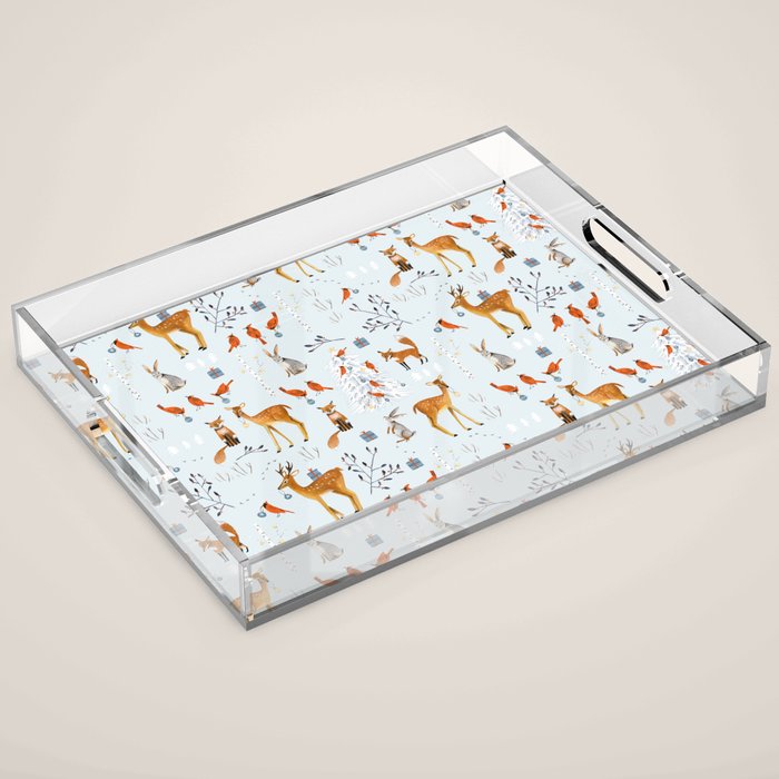 Cute woodland animals winter snow tree Acrylic Tray Gallery Image 1