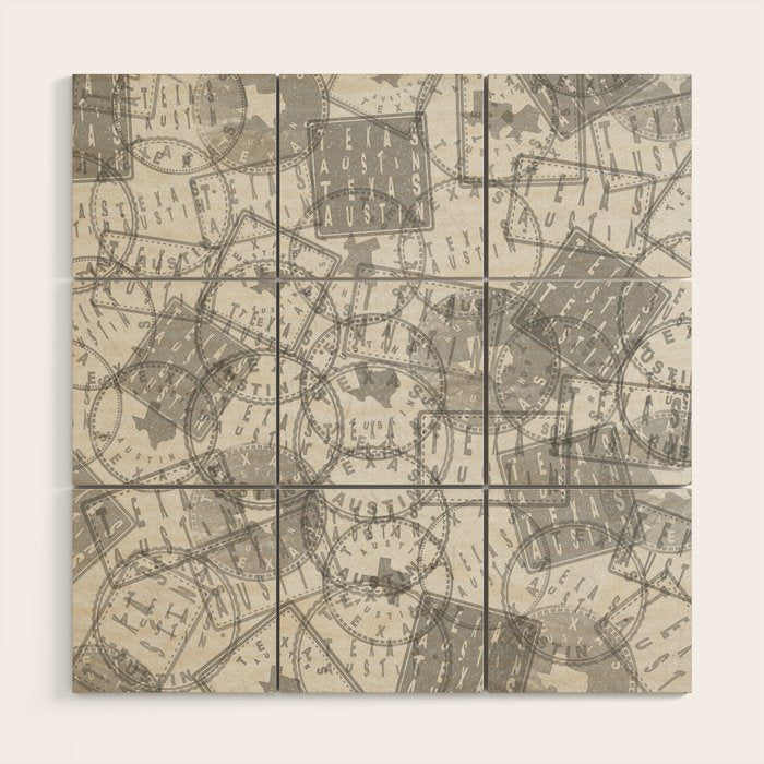Vintage Texas Austin Travel Stamp Pattern Wood Wall Art Gallery Image 1