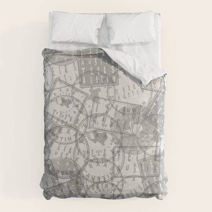 Vintage Texas Austin Travel Stamp Pattern Duvet Cover Gallery Image 1